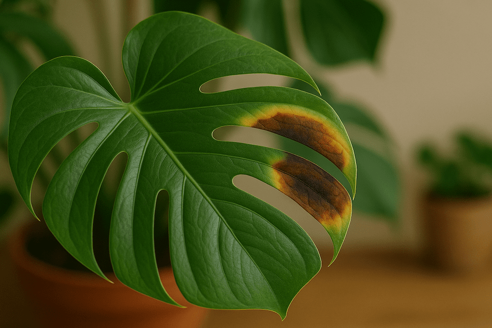 przelana monstera - ciemna plama na liściu przelana monstera - gnijąca plama na liściu