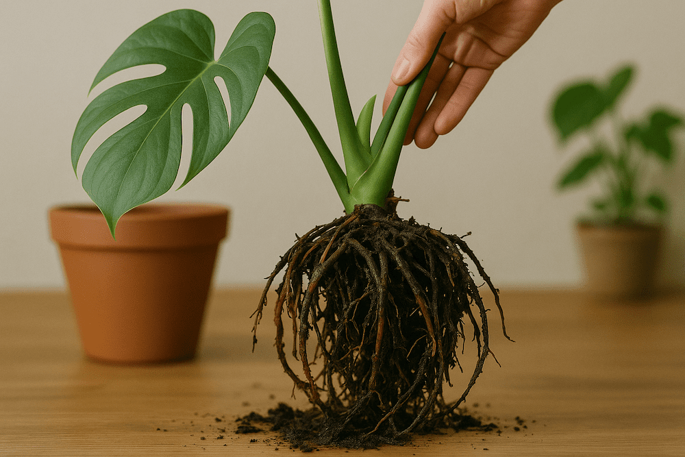 przelana monstera - czarne i zgniłe korzenie przelana monstera - gnijące korzenie