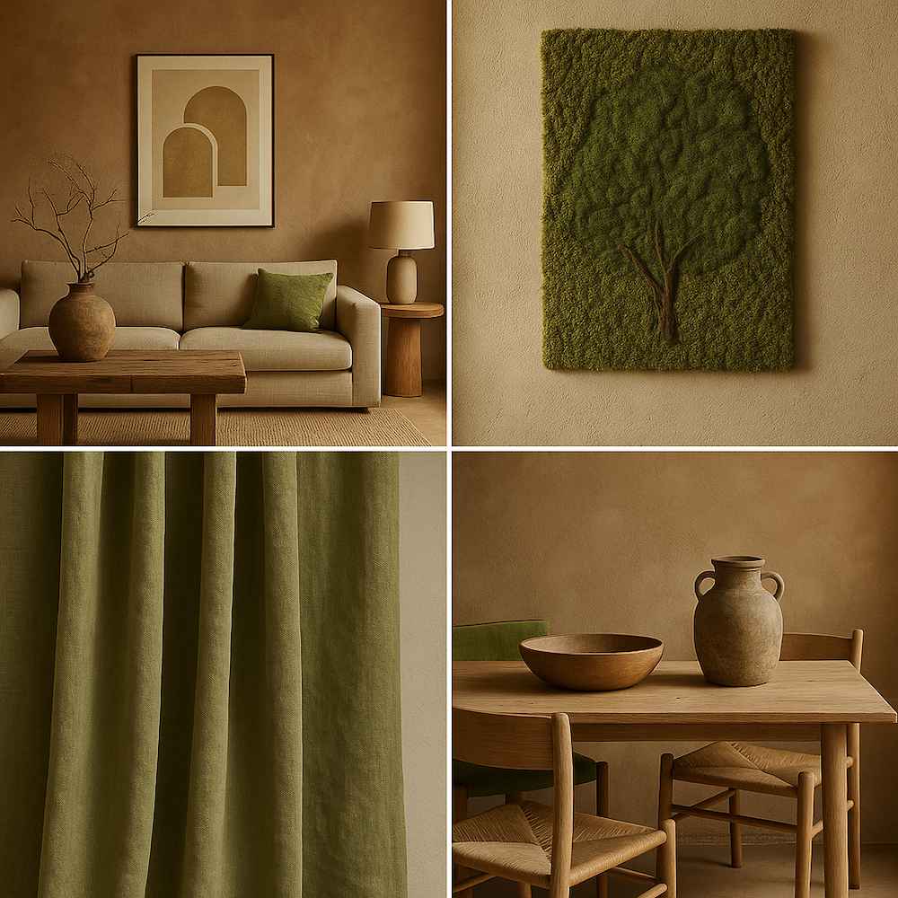 kolory farb do pokoju - cztery wizualizacje z odcieniami brązu i zieleni kolory farb do pokoju - moodboard z naturalnymi kolorami ziemi