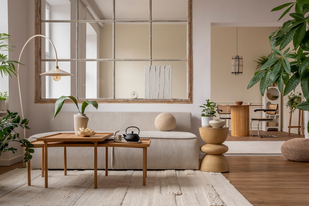 salon zaaranżowany w stylu japandi z drewnianymi meblami salon w stylistyce japandi z sofą i duży lustrem na ścianie
