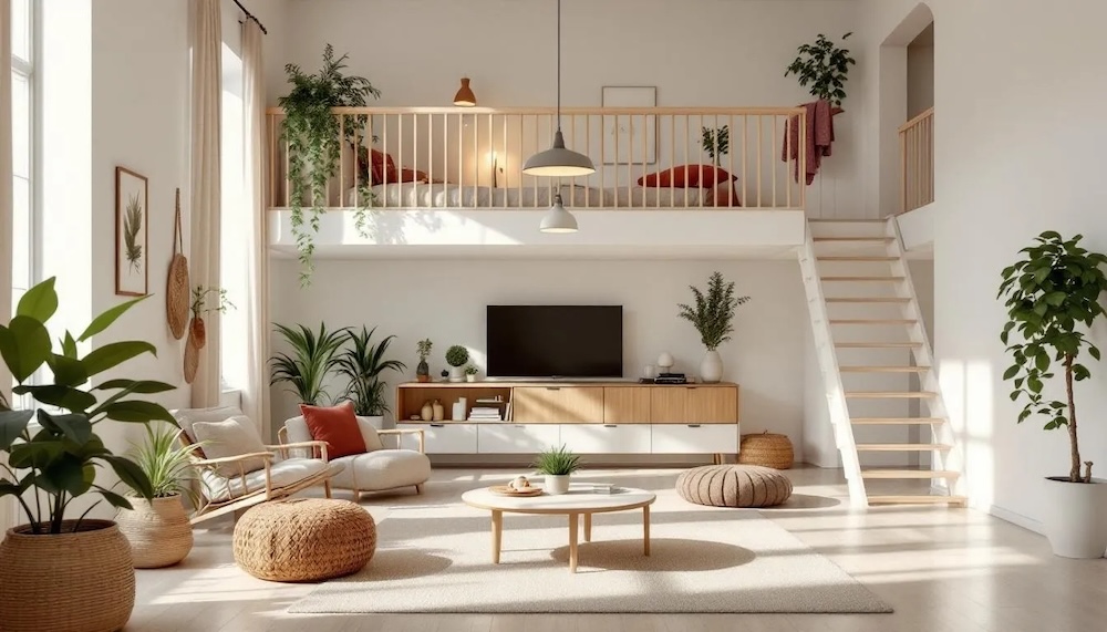 antresola w domu w stylu boho z drewnianą balustradą i drabinką 