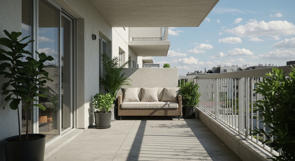 balkon w bloku wykończony betonem z zielonymi roślinami obok sofy z techno rattanu 
