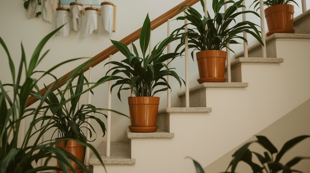 klatka schodowa z lwiatkami w brązowych doniczkach między balustradą 