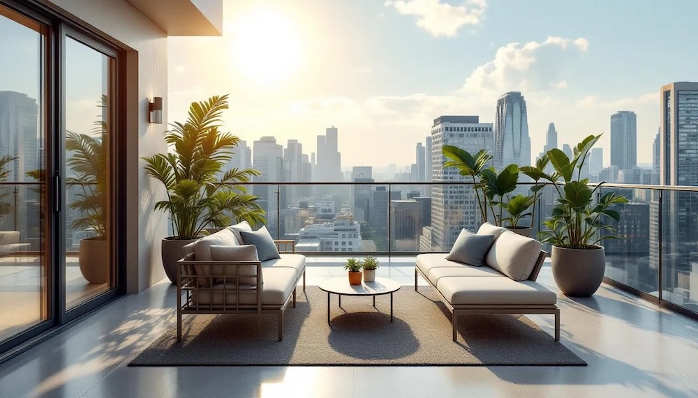 minimalistyczny balkon z gładką podłogą i dwiema sofami tarasowymi na dywanie 