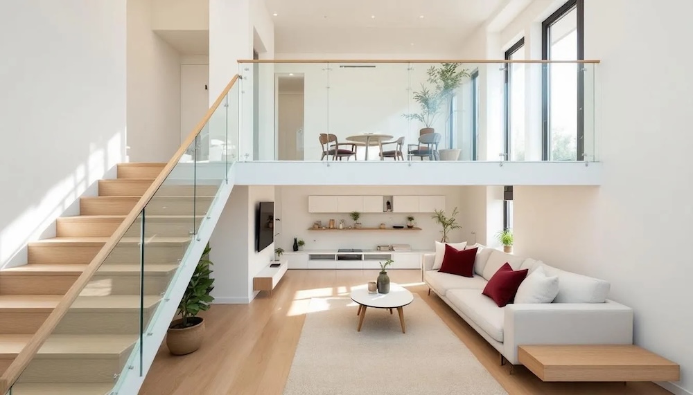 salon z białą kanapą obok meblościanki i z antresolą ze szklaną balustradą 