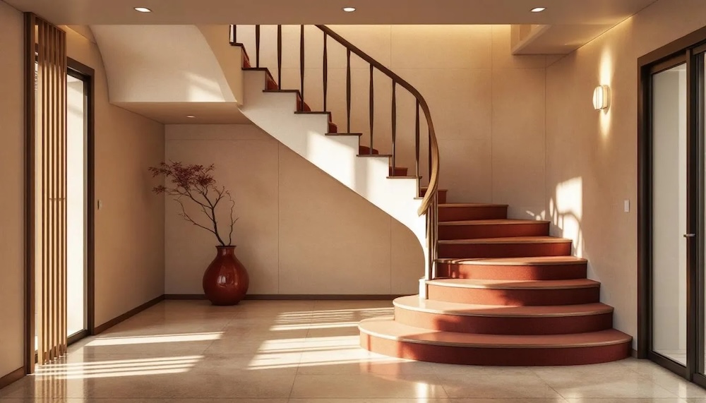 schody z drewnianą balustradą we wnętrzu w stylu japandi 