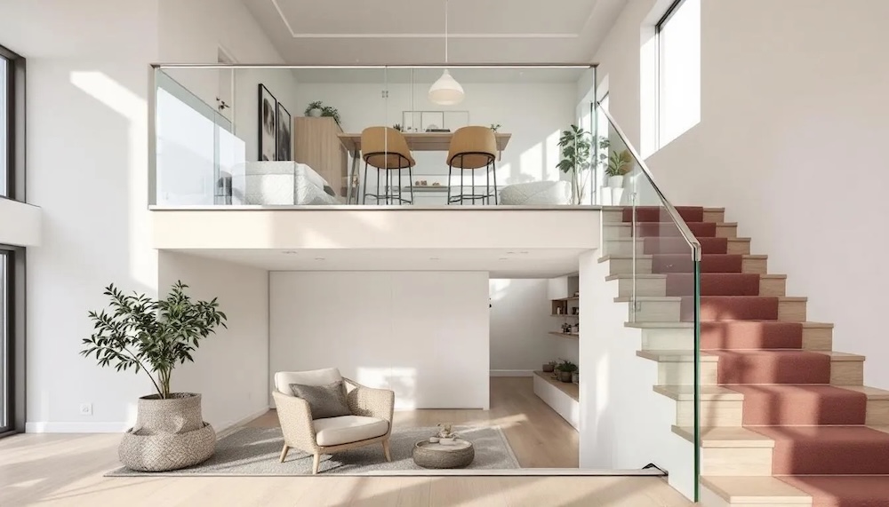 schody z chodnikiem na antresoli ze szklaną balustradą 