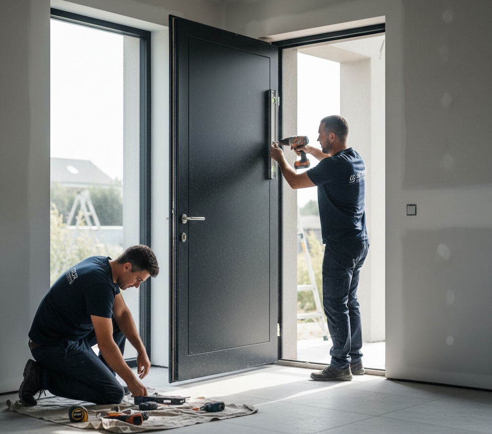 monterzy drzwi w domu mężczyźni montujący drzwi