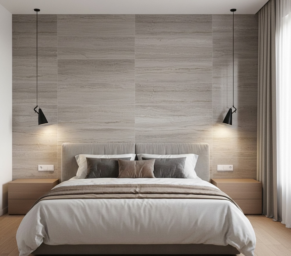 sypialnia z szarymi płytkami sypialnia z płytkami
