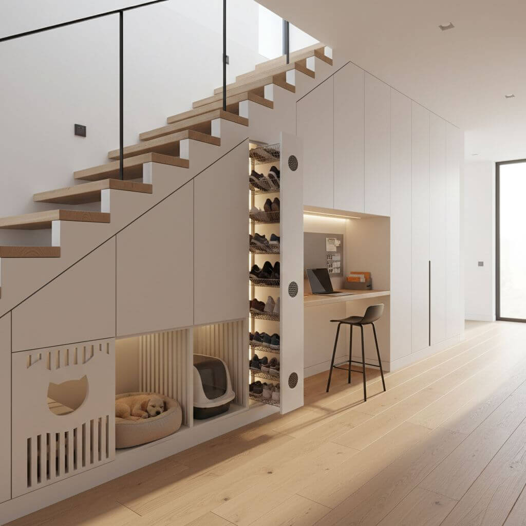 Aranżacja przestrzeni pod schodami w domowym korytarzu