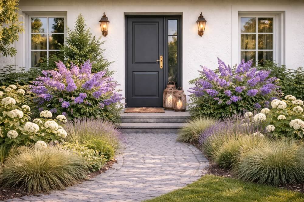 budleja w ogrodzie- aranżacje na przykładzie wejścia do domu