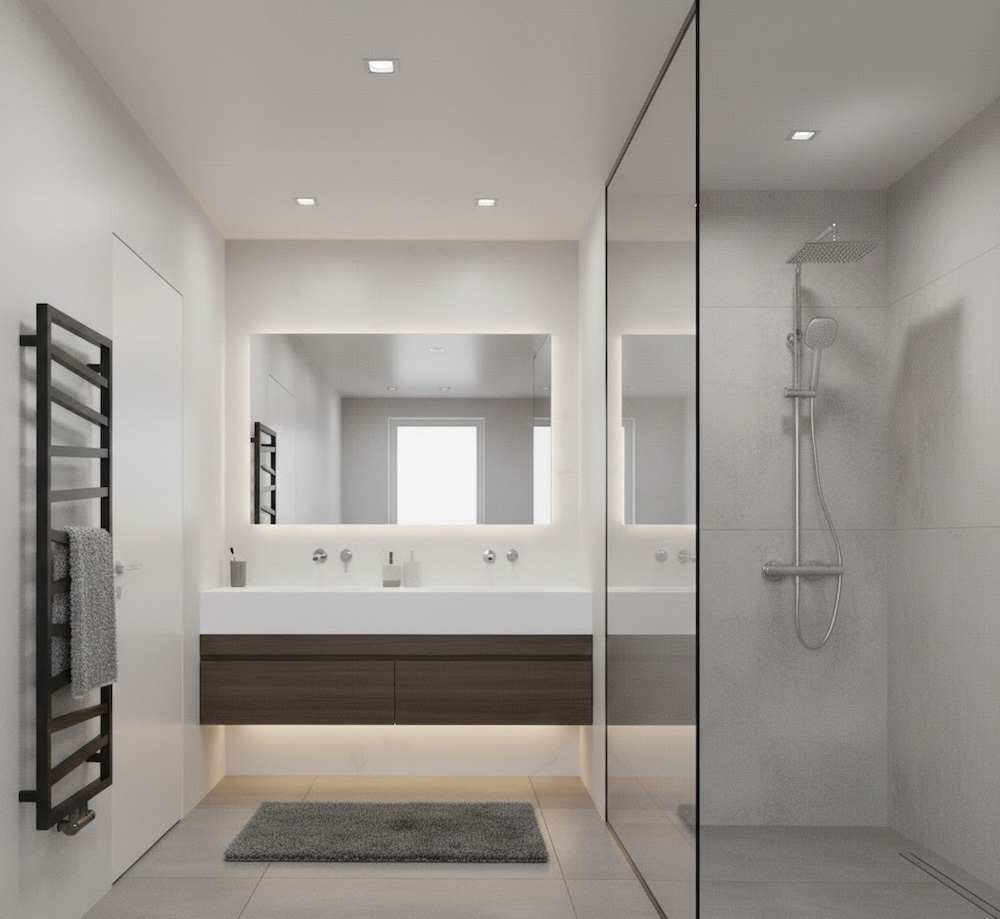 łazienka z czarnym grzejnikiem obok umywalki łazienka z prysznicem i czarnym grzejnikiem