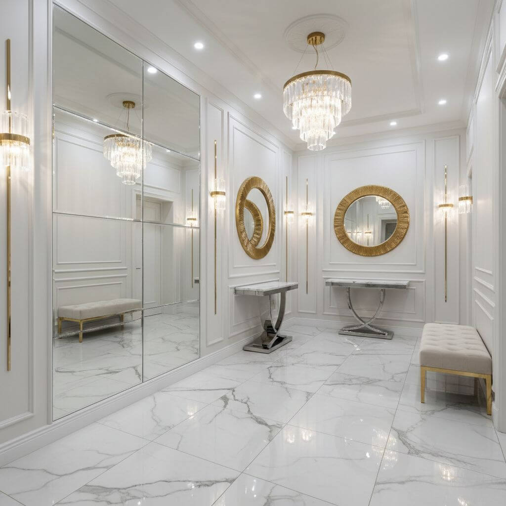 Korytarz w domu jednorodzinnym - aranżacje w stylu glamour