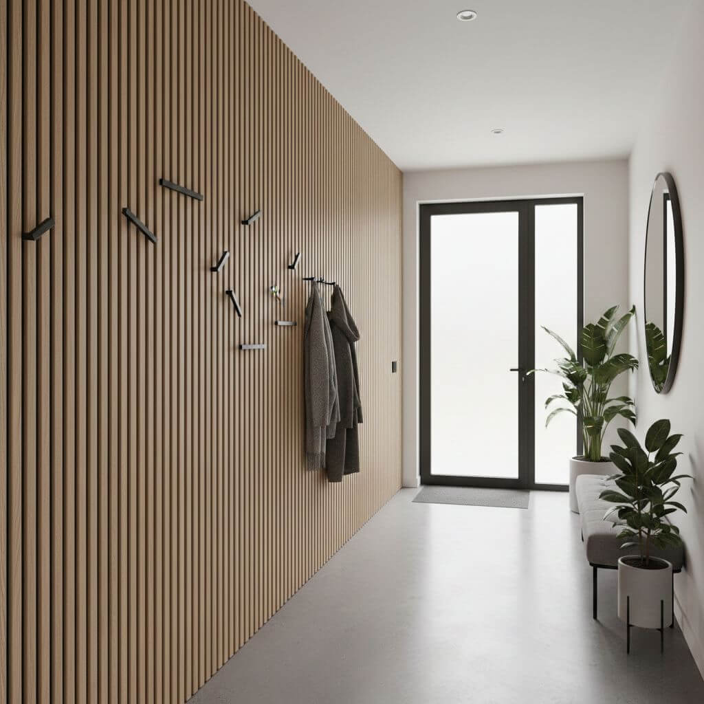 Korytarz w domu jednorodzinnym - aranżacje z lamelami 