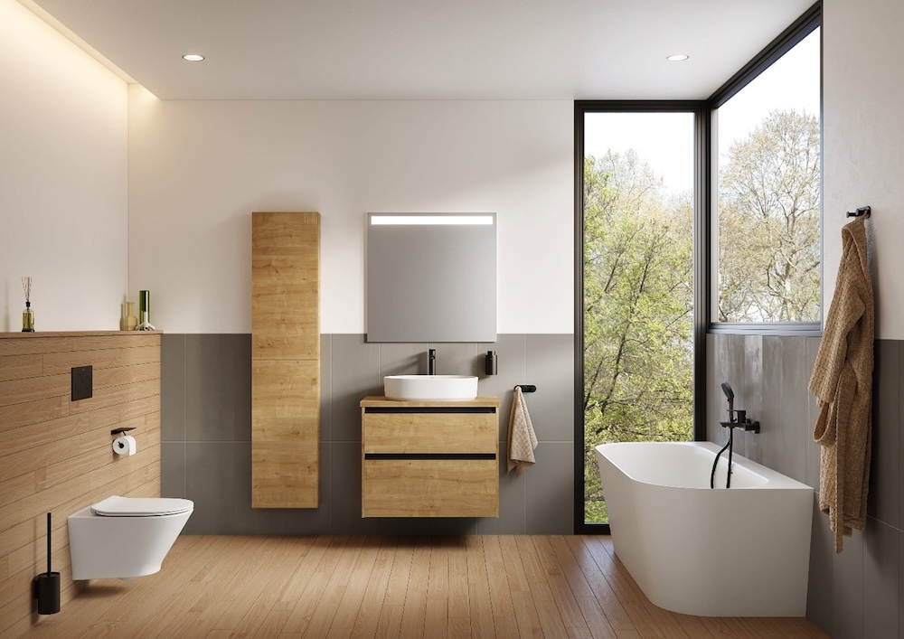 łazienka z drewnianymi meblami i wanną pod oknem nowoczesna łazienka z drewnianymi szafkami