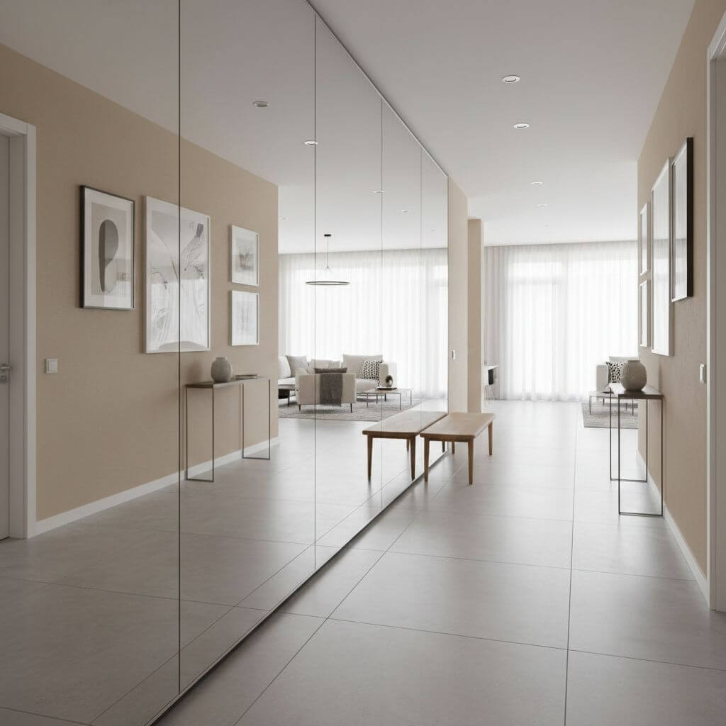 Korytarz w domu jednorodzinnym - aranżacje z lustrem na całą ścianę