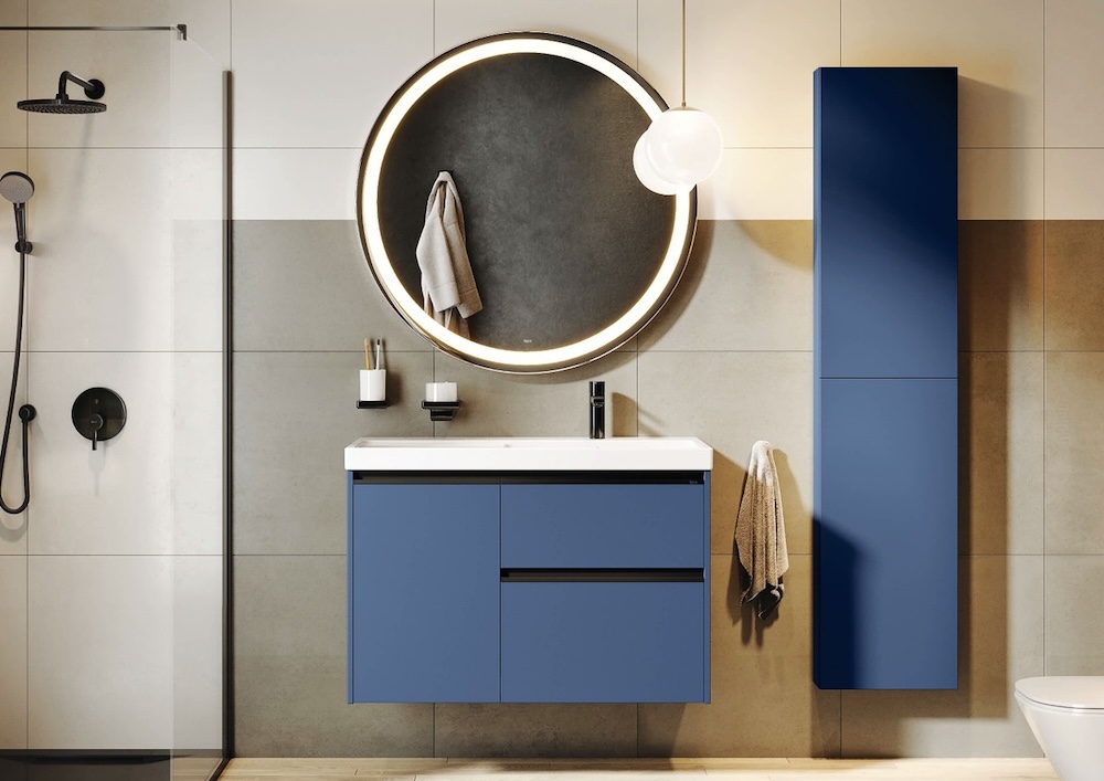 matowe niebieskie szafki łazienkowe niebieskie matowe meble łazienkowe