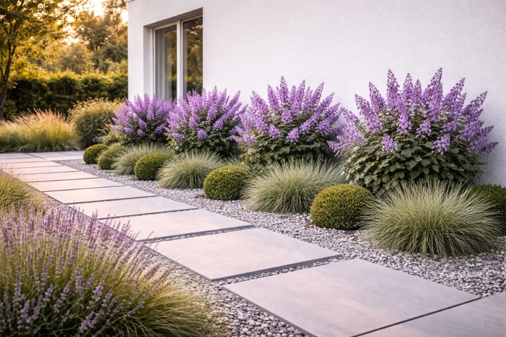 aranżacja nowoczesna przy elewacji z fioletową budleją