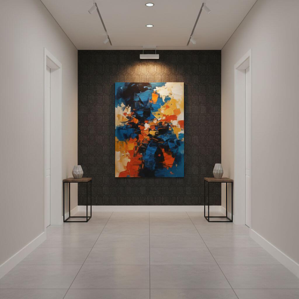 Nietypowa dekoracja na ścianie w korytarzu w domu jednorodzinnym 