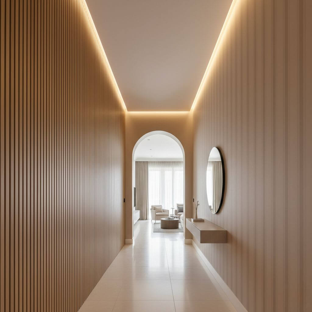 Korytarz w domu jednorodzinnym - aranżacje z pasami pionowymi na ścianach