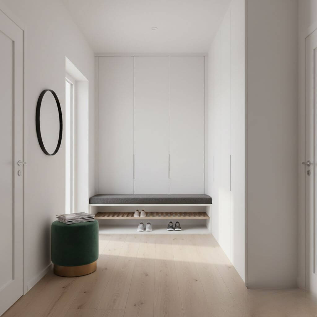 Korytarz w domu jednorodzinnym - aranżacje z siedziskami 