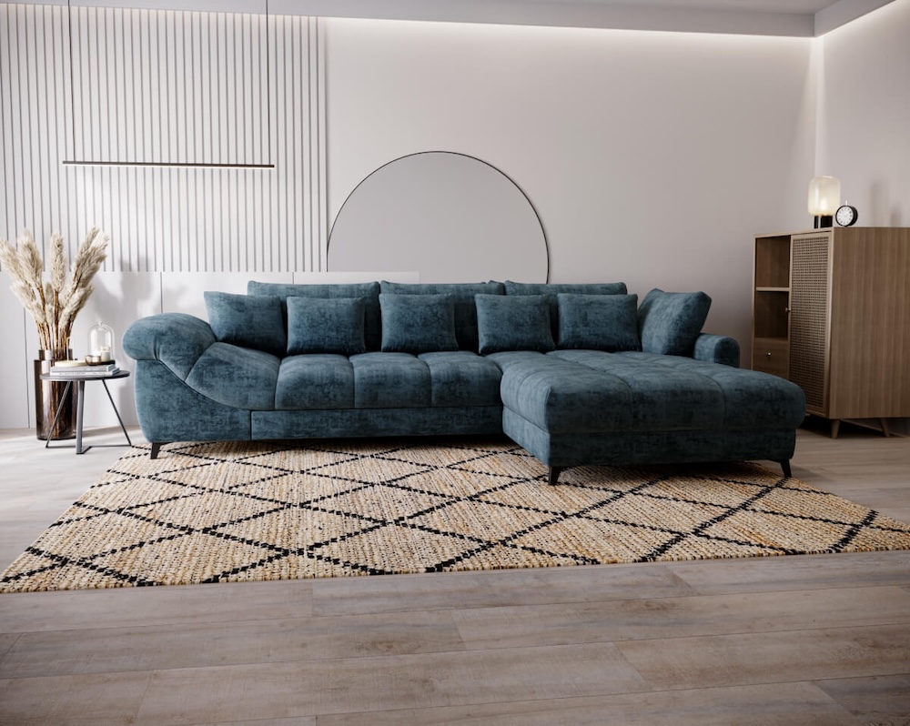 ciemnoniebieski narożnik lettica w salonie 