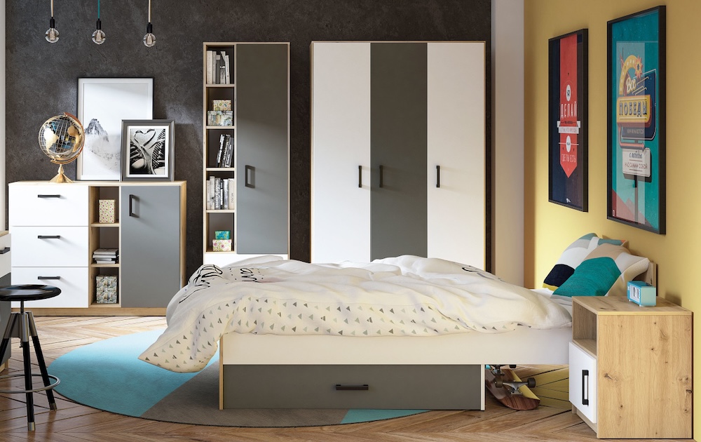 dwukolorowe meble dla nastolatka szaro-biały zestaw mebli dla nastolatka