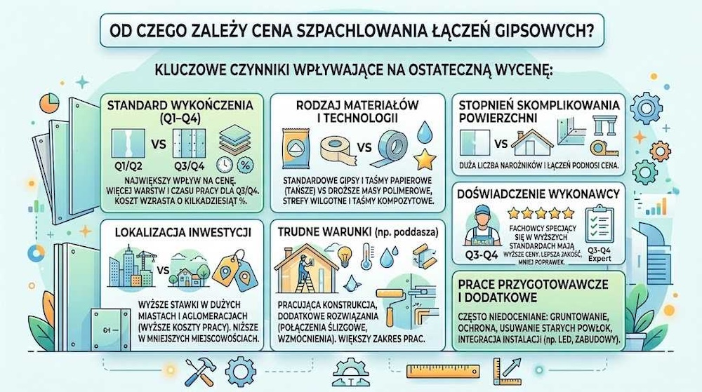 co wpływa na cenę szpachlowania łączeń płyt gipsowych 