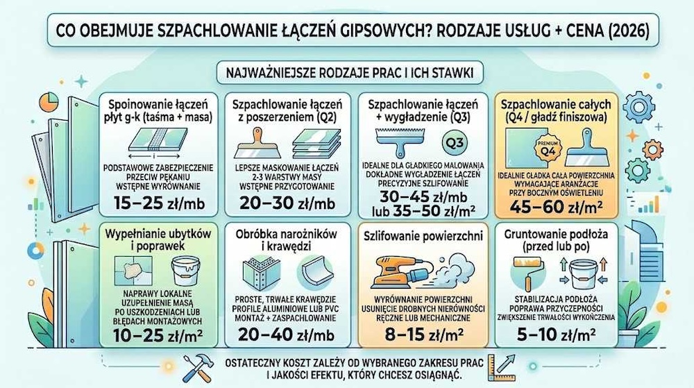 szpachlowanie łączeń płyt gipsowych - cena i rodzaje usług 