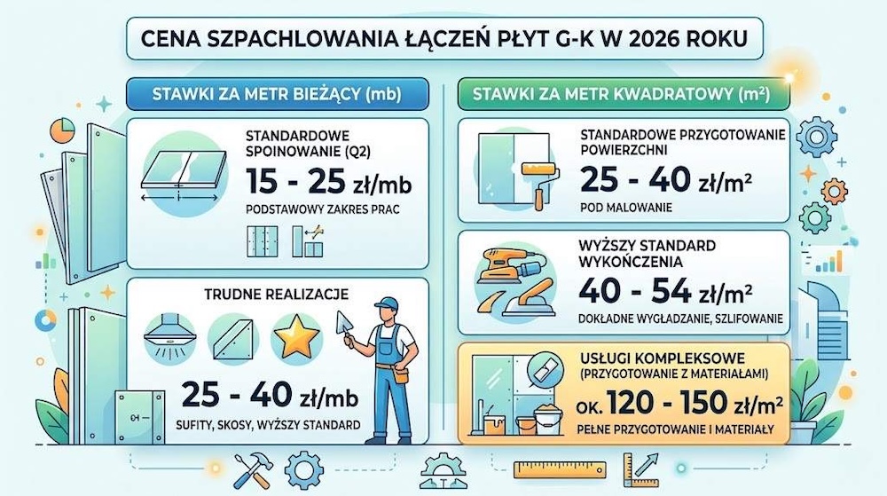 szpachlowanie łączeń płyt gipsowych cena za mb i metr kwadratowy 