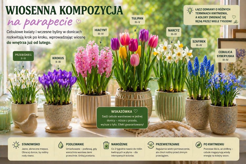 wiosenna kompozycja w domu na parapecie 