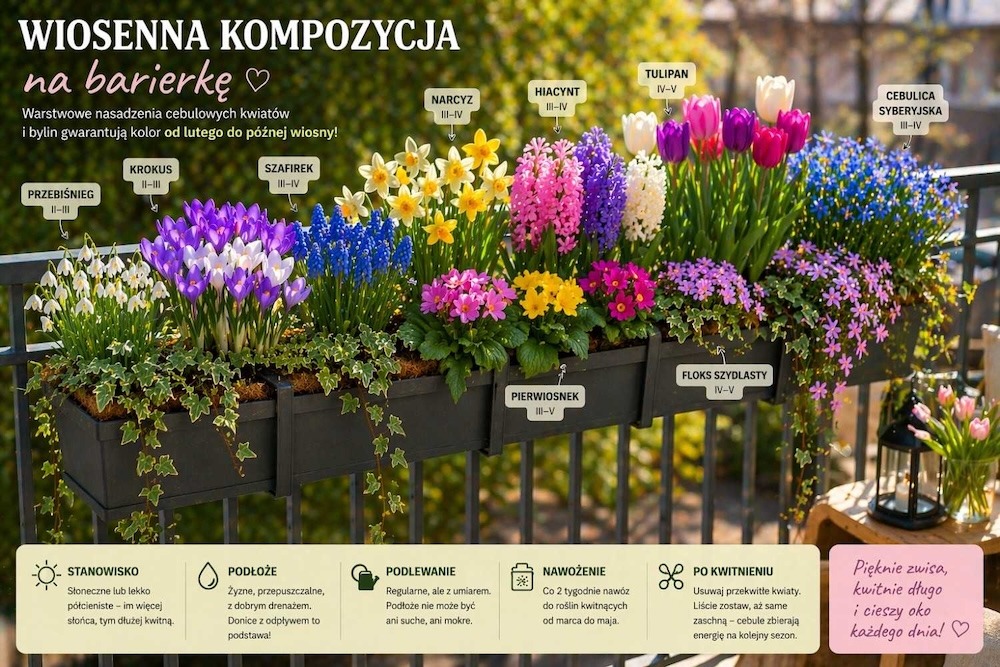 wiosenne połączenie kwiatów na balkonie 