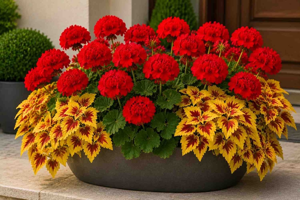czerwone-pelargonie-z-koleusem pelargonie z żółtym koleusem w doniczce