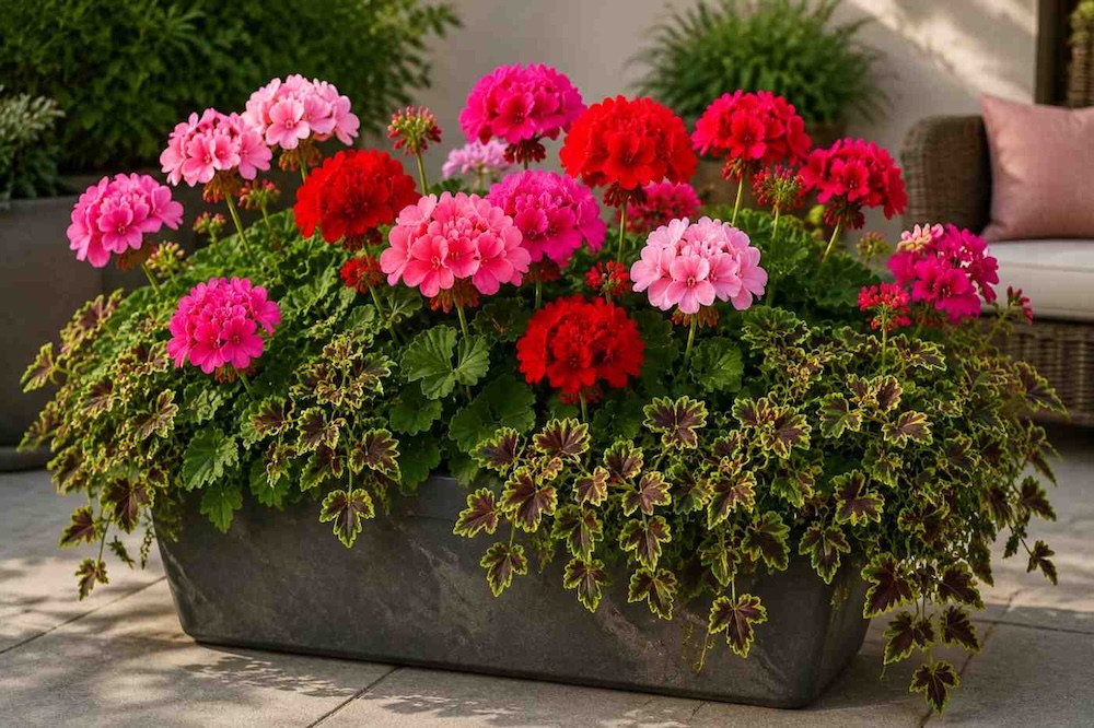 kompozycje-z-pelargonii-w-donicy-z-komarzyca kompozycje z pelargonii w donicy z zieloną komarzycą