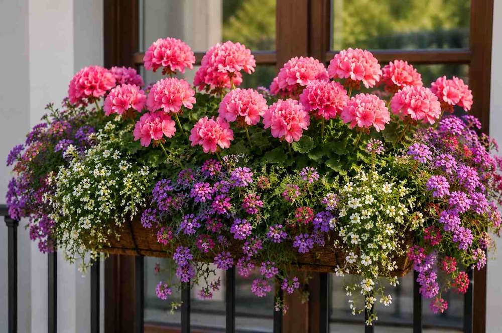 kompozycje-z-pelargonii-w-donicy-z-werbena kompozycje z pelargonii w donicy z werbeną i bakopą