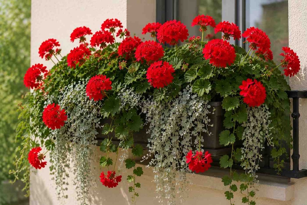 pelargonie-bluszczolistne-z-dichondra Pelargonie bluszczolistne z dichondrą srebrzystą w lekkiej kompozycji