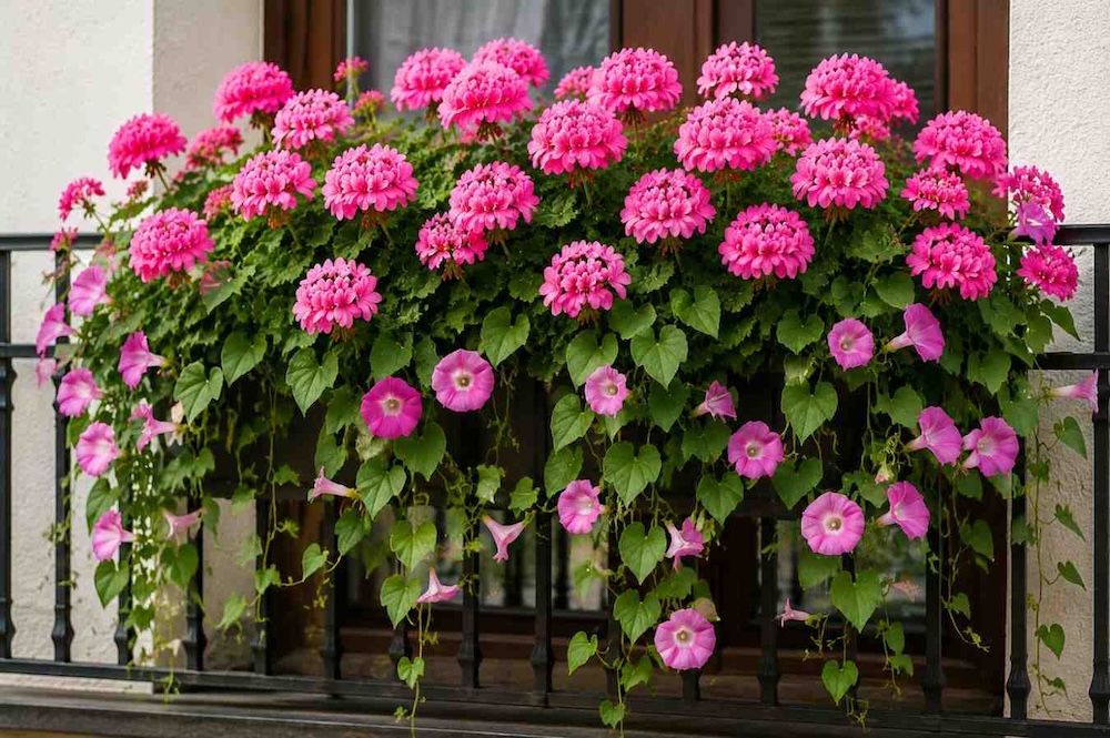 pelargonie-rozowe-z-ipomea Pelargonie różowe z ipomeą w zwisającej aranżacji balkonowej