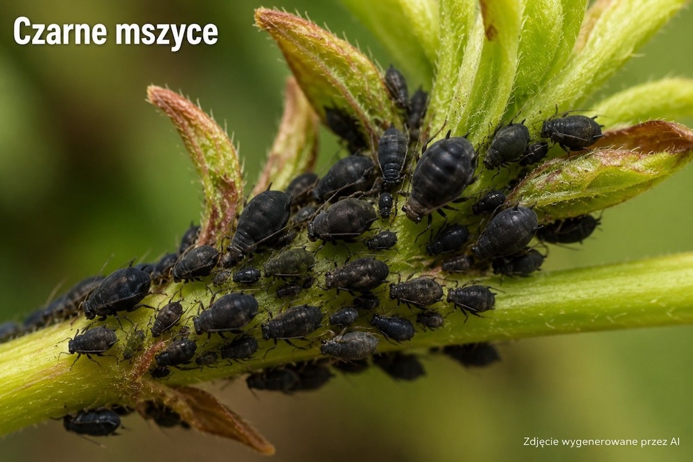 czarne mszyce żerujące na roślinie czarne mszyce na zielonym pędzie